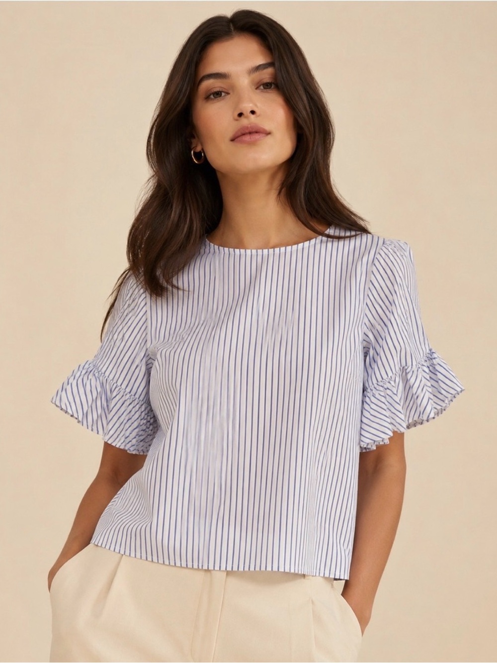 Calvin Klein White Blouse with Blue Pinstripes and Ruffle Sleeves